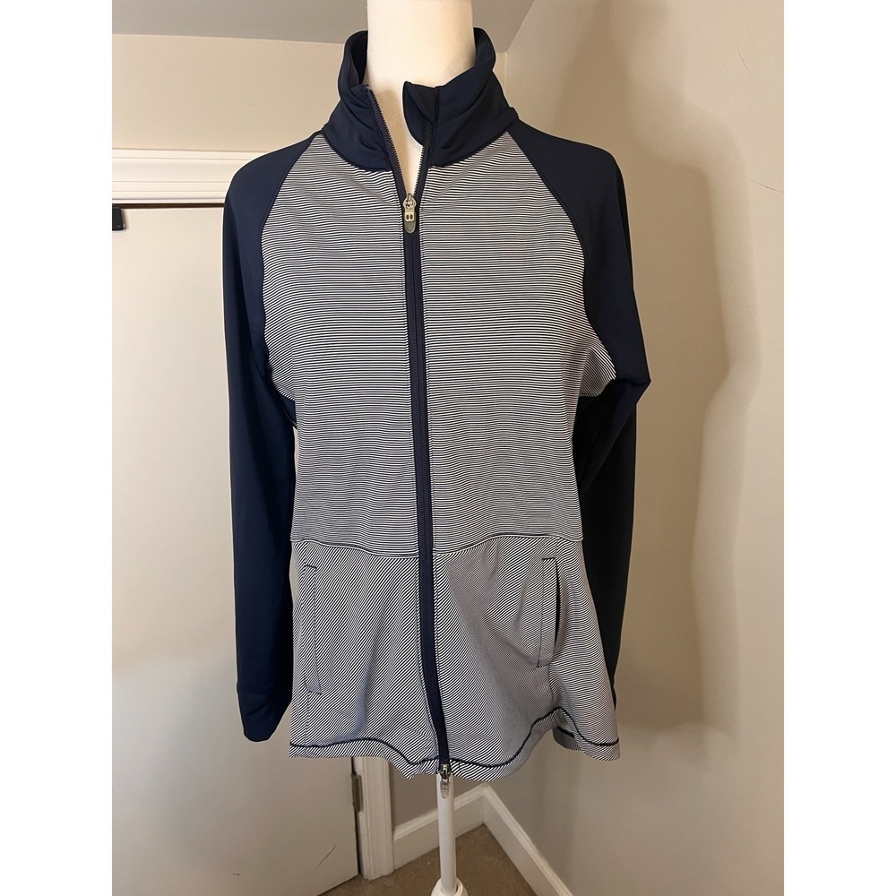 Peter Millar Womens Jacket Sz Large UPF 50 Full Zip Golf Navy Blue Striped